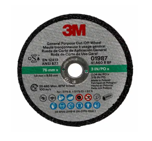 3M™ Green Corps™ 01987 Cut-Off Wheel, 3" x 1/32" x 3/8", 50 Wheels per pack